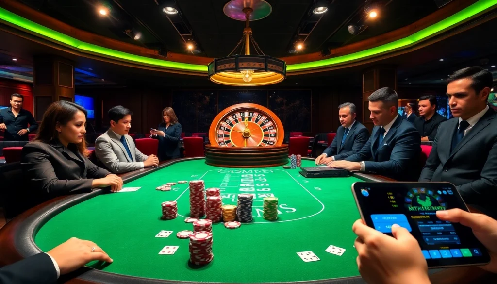 Sbobet link alternatif showcased in a vibrant casino scene featuring poker tables and players.