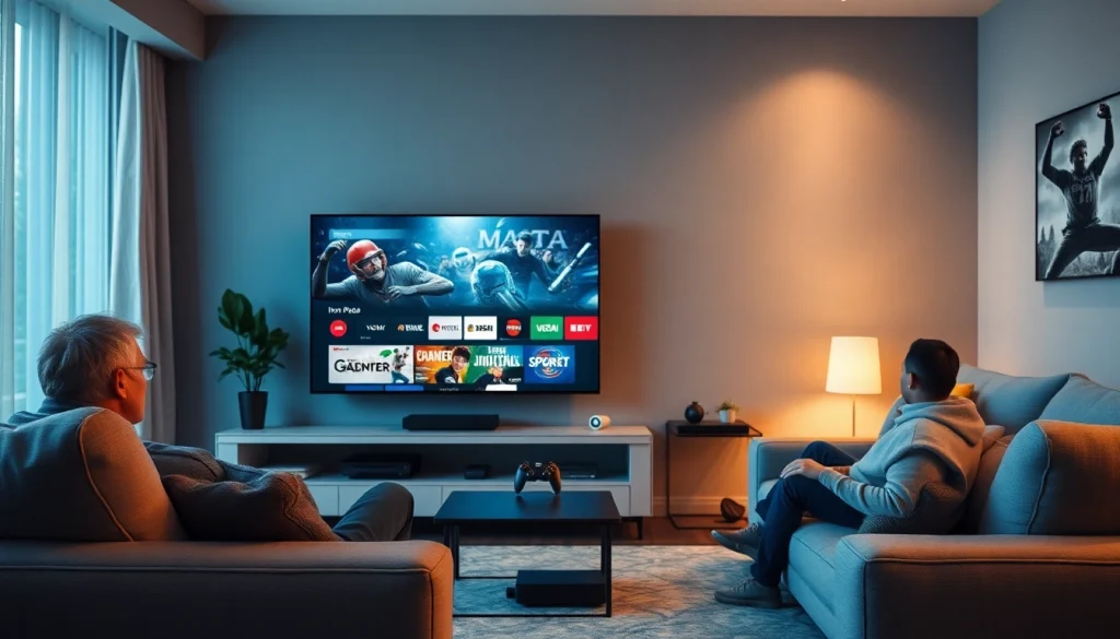 Iron TV Pro displayed on a modern smart TV in a cozy living room, featuring warm lighting and tech gadgets.