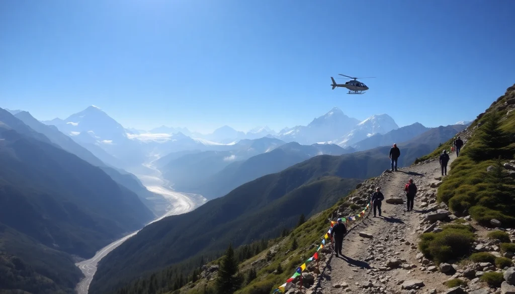 Everest Base Camp Trek with Helicopter Return showcasing stunning mountain peaks and helicopter views.