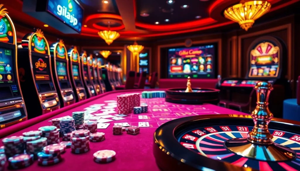 Experience thrilling online gambling with gilajp’s luxurious casino scene featuring vibrant tables and roulette wheels.