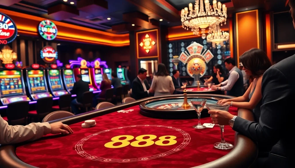 Exciting U88 casino scene with poker table, slot machines, and players enjoying gambling.