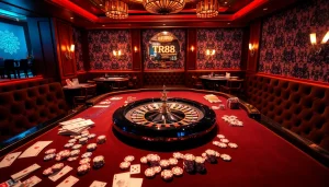 Engaging players enjoying the thrill of TR88 gambling at a luxurious casino table.