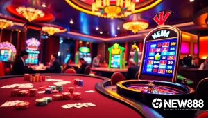 Engaging gambling atmosphere at Nhà cái NEW88 with poker chips, cards, and a vibrant slot machine.