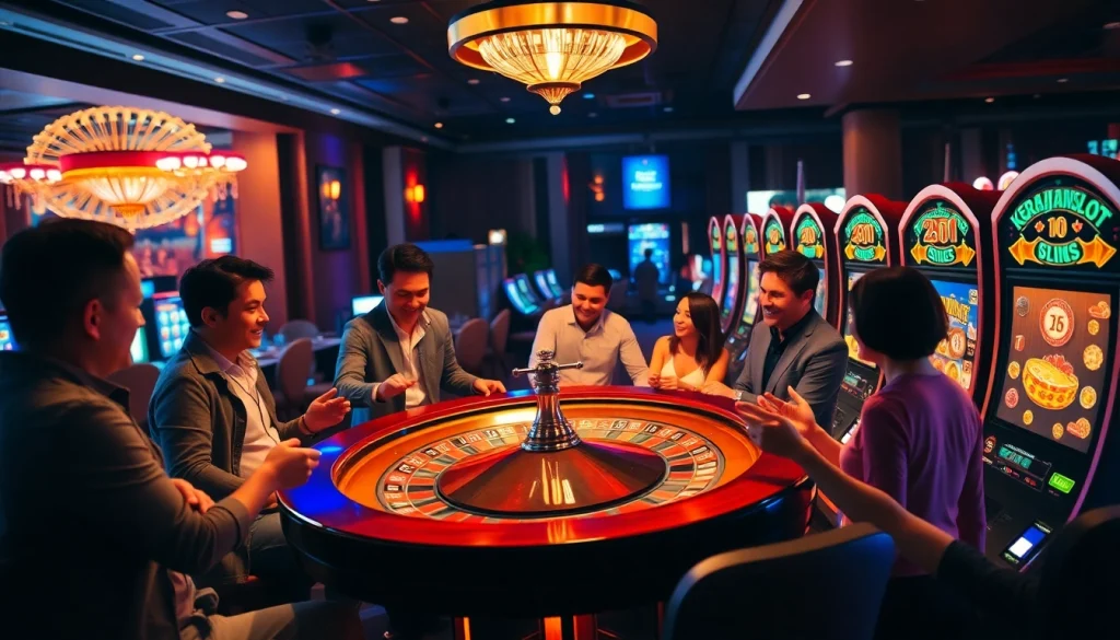 Players enjoying the excitement of kerajaanslot at a vibrant casino table.