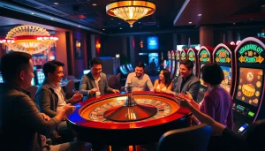Players enjoying the excitement of kerajaanslot at a vibrant casino table.