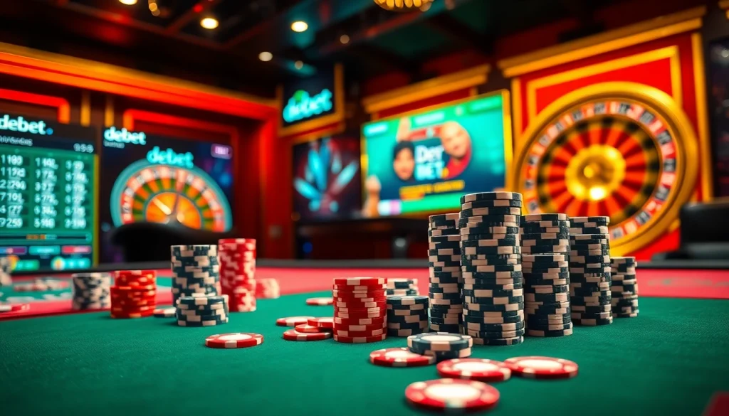 Experience high-stakes gambling at debet with vibrant poker tables and thrilling roulette.