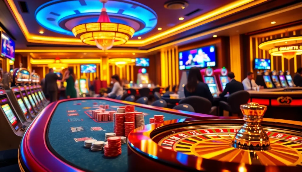 Trải nghiệm cảm giác hồi hộp tại bàn casino JD88 với các trò chơi sôi động và những chip poker rực rỡ.