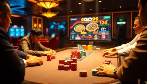 Engaging players at a high-stakes poker table with GO99 online gambling interface in a vibrant casino.