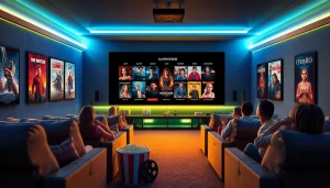 allmovieshub movie night with modern home theater setup featuring various movie posters and excited viewers
