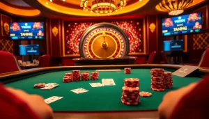 Experience the thrill of 'trang vswin' at a luxurious poker table with vibrant chips and cards.