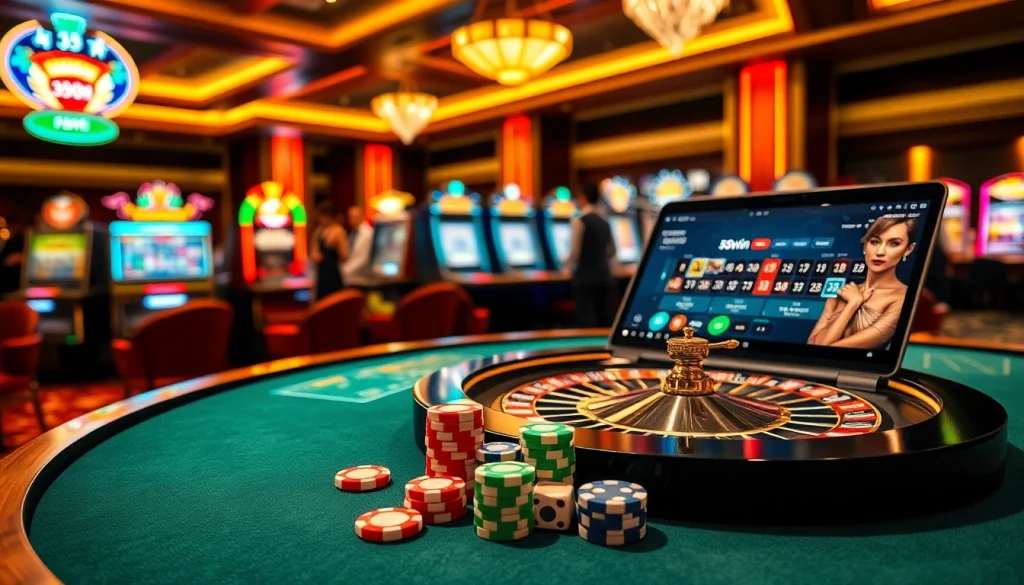 Engaging casino scene featuring 58win gaming, roulette table, and vibrant poker chips.