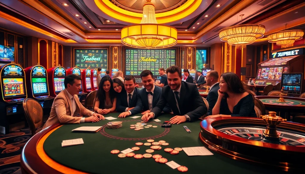 Exciting scene at a casino emphasizing 7upbet with poker games, slot machines, and roulette.