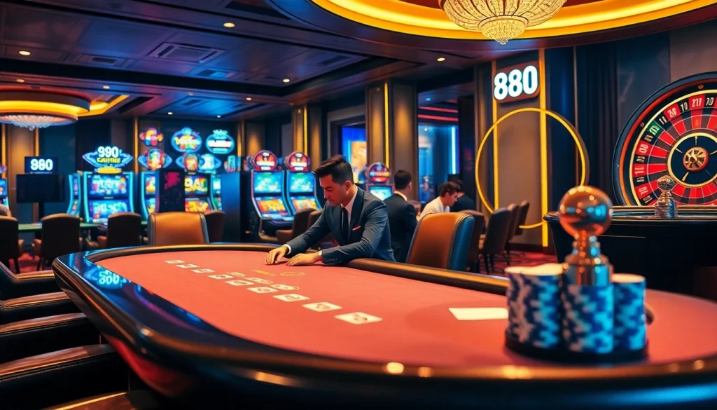 Experience excitement at 98win casino with players enjoying poker at a luxurious table.