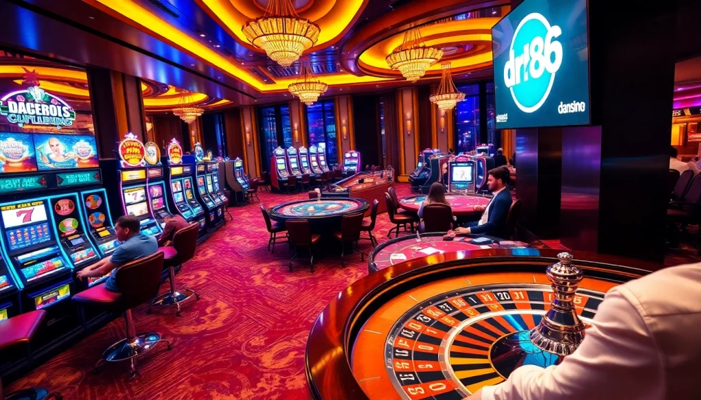 Engaging casino scene showcasing dr88 with vibrant slot machines and enthusiastic players.