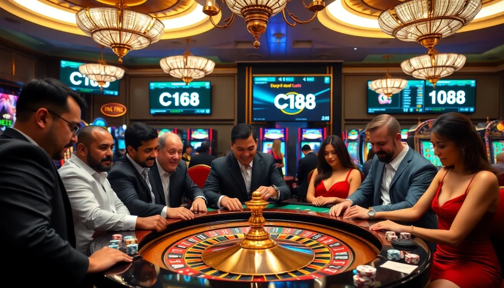 Players engage in a thrilling roulette match at C168 casino, with vibrant chips and lively ambiance.