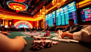 Exciting poker game scene at 789f casino, displaying vibrant poker chips and sleek cards.
