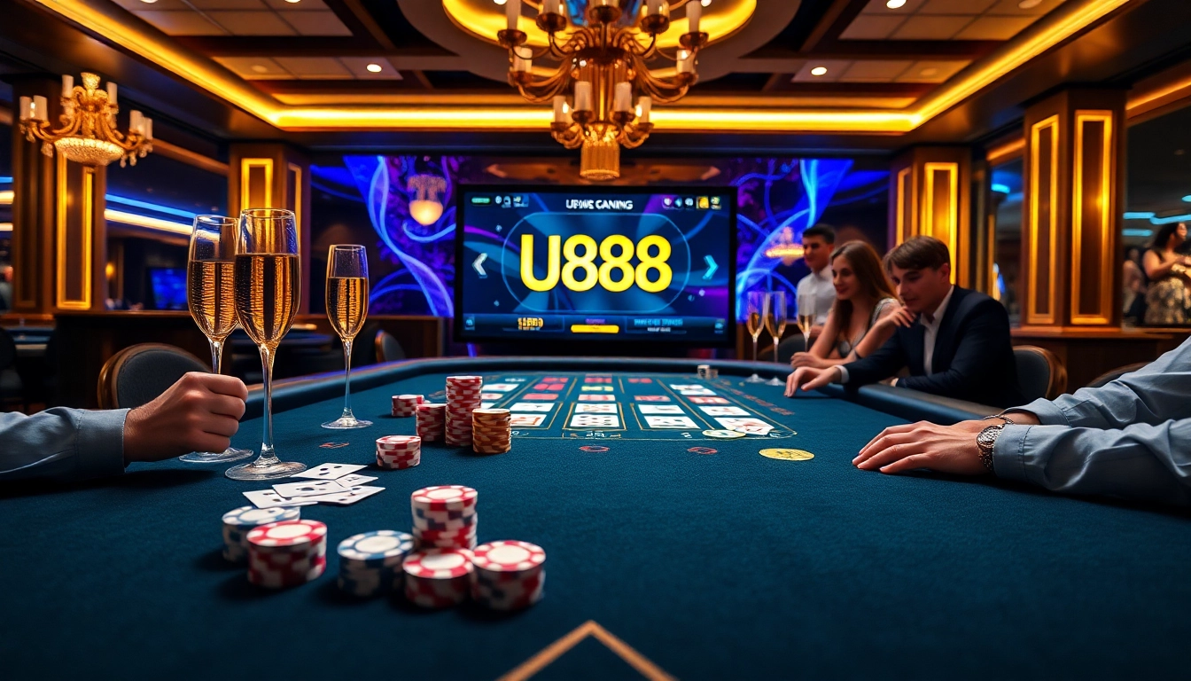 Action-packed U888 online casino moment with vibrant chips and high-quality cards.
