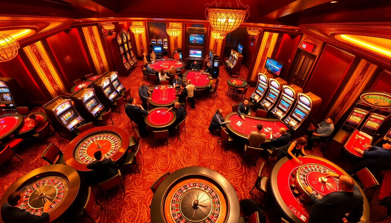 B52 Club's luxurious casino ambiance showcasing engaging poker games and vibrant slot machines.