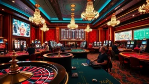 Players enjoying high-stakes gaming at xo88 online casino with roulette wheels and poker tables.