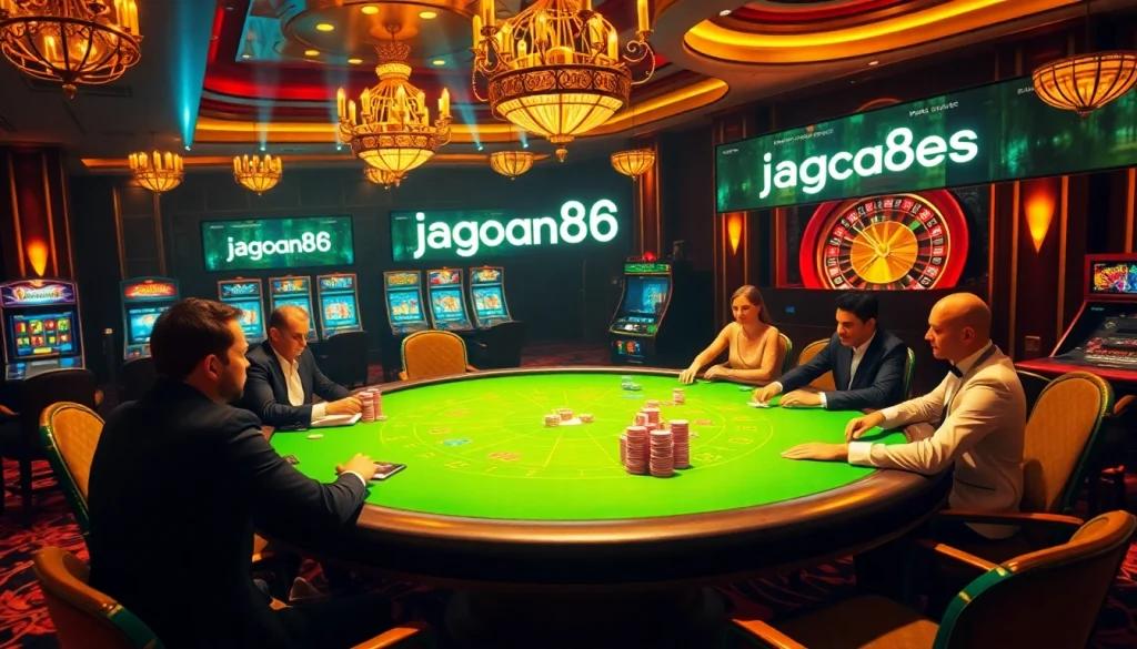 Experience the excitement of jagoan86 at a luxurious casino poker table filled with colorful chips and eager players.