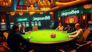 Experience the excitement of jagoan86 at a luxurious casino poker table filled with colorful chips and eager players.