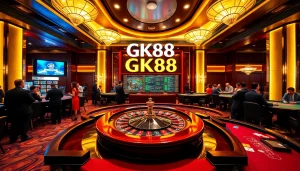 Experience the thrill of GK88 in a luxurious casino setting with roulette and poker tables.