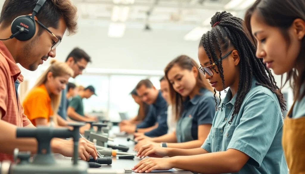 Students learning practical skills at trade schools in Hawaii with hands-on projects and natural light.
