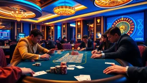 SODO66 players engaged at a high-stakes poker table surrounded by luxury casino elements.