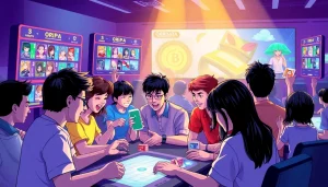 オンラインオリパ 無料に参加するプレイヤーの興奮の場面—鮮やかなコレクションとコミュニティの雰囲気を表現。