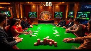 X88 poker chips stack on a luxurious casino table during an intense gambling session.