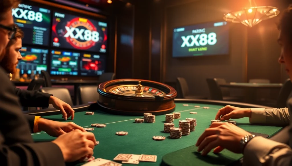 Engaged players strategizing at the XX88 poker table with vibrant gaming elements.