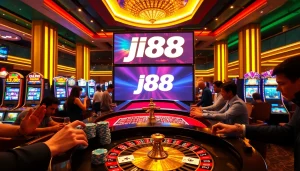 Experience the excitement of the j88 casino ambience with vibrant roulette and poker games.