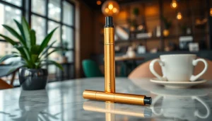 Stylish disposable vape pen in golden finish highlighting PECAH837 quality in a modern café setting.