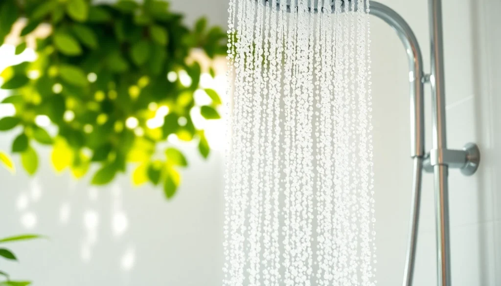 Enjoy a refreshing sunny shower with sparkling water and serene bathroom plants.