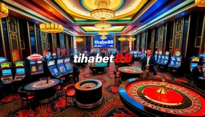 Thrilling gaming action at thabet88 casino with roulette wheel and poker tables shining brightly.