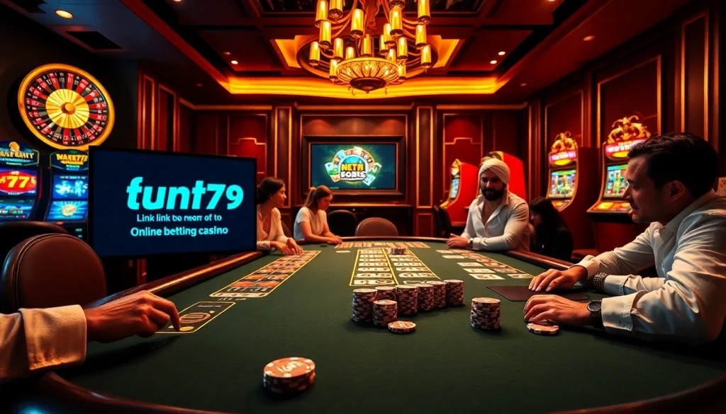 The vibrant poker scene at a luxurious casino featuring the fun79 link for online betting opportunities.