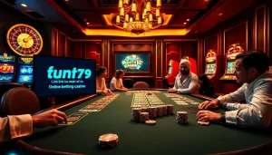 The vibrant poker scene at a luxurious casino featuring the fun79 link for online betting opportunities.