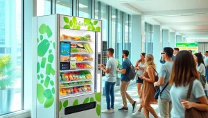 Healthy food vending machine offering fresh fruits and salads in a busy urban setting, promoting nutritious choices.