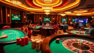 Engage in high-stakes poker at a luxurious casino featuring TT88-themed gameplay elements.