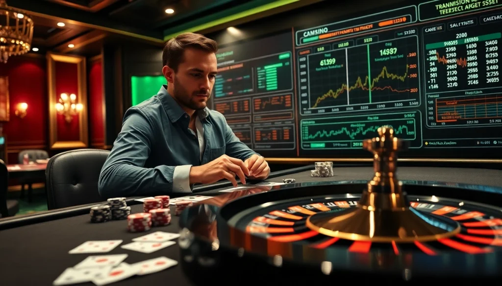 Automatic Transmission Specialist analyzing odds at a luxurious casino table filled with poker chips.