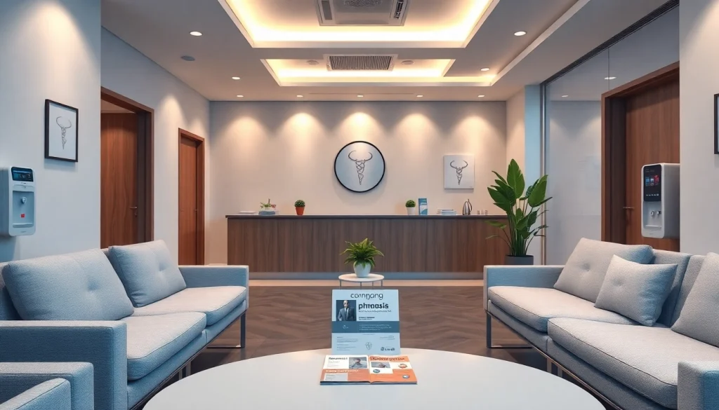 包茎手術 おすすめに関するパンフレットを掲示した現代的な泌尿器科クリニックの画像。落ち着いた雰囲気。