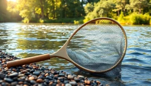 Fly fishing net positioned at a riverbank with lush greenery, showcasing its design and features