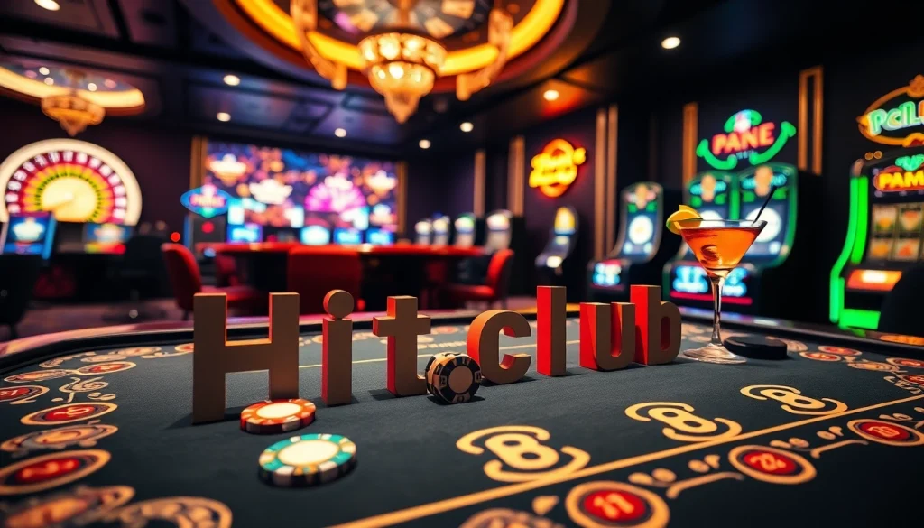 Hitclub branded poker chips on a colorful casino table during an exciting game.