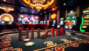 Hitclub branded poker chips on a colorful casino table during an exciting game.