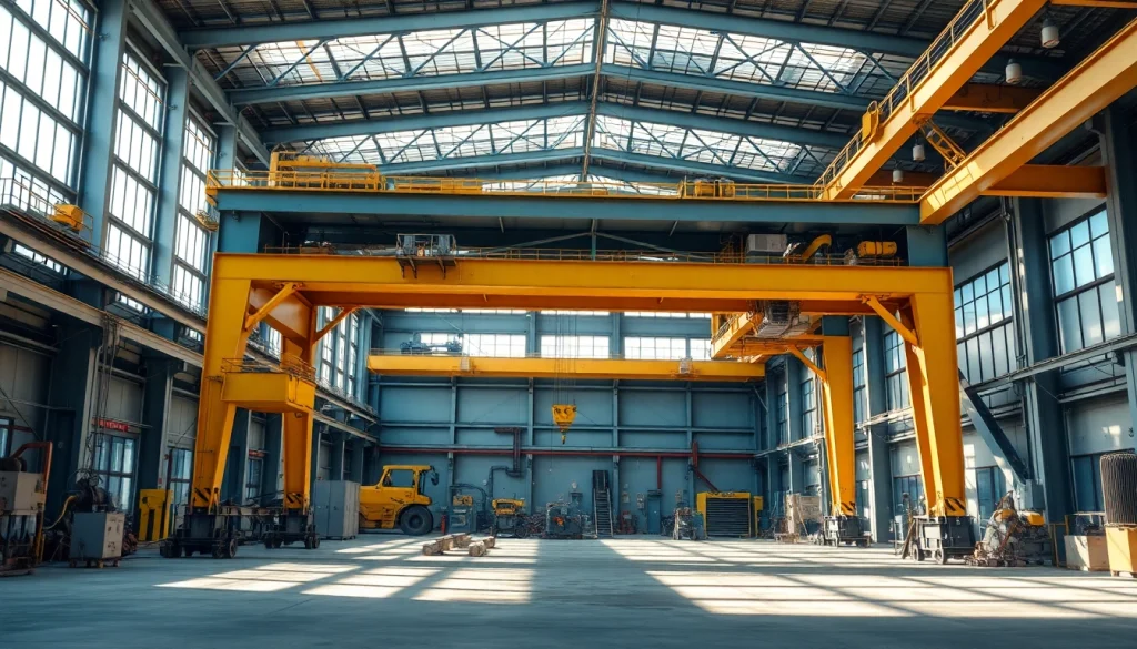 Powerful bridge crane lifting heavy materials in an industrial workspace.