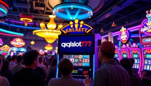 Menghadirkan pengalaman bermain qqslot777 dengan mesin slot digital berwarna-warni dan suasana ceria di kasino.