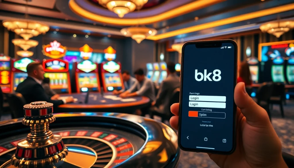 Experience seamless bk8 login access in a vibrant casino scene with poker tables and slot machines.