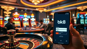 Experience seamless bk8 login access in a vibrant casino scene with poker tables and slot machines.