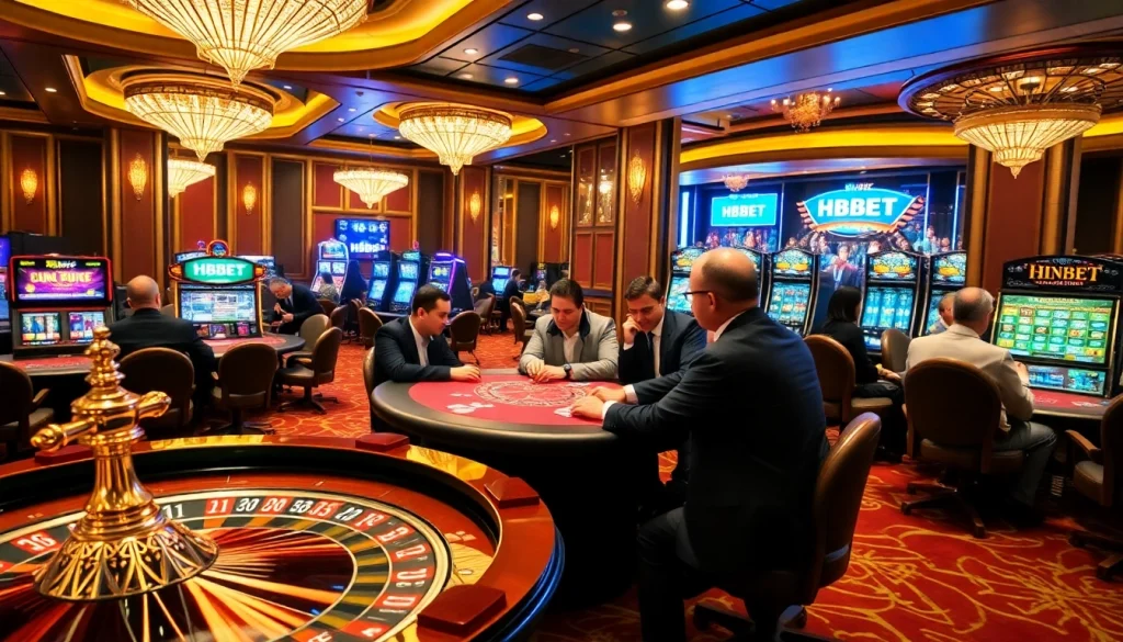 Play at HBBET's luxurious casino with a roulette wheel and engaged poker players.