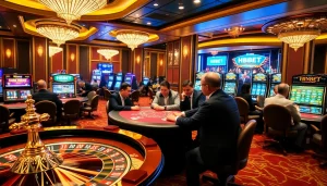 Play at HBBET's luxurious casino with a roulette wheel and engaged poker players.
